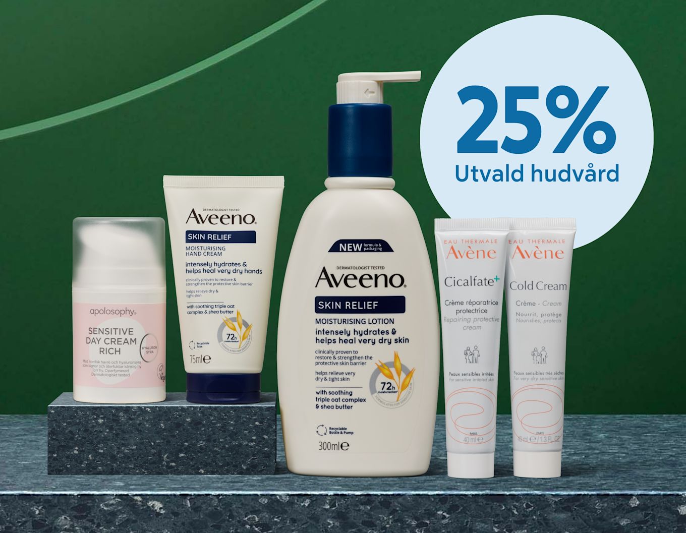 Fem hudvårdsprodukter från Apolosophy, Aveeno och Avène står på en marmoryta med texten "25% Utvald hudvård" på grön bakgrund.