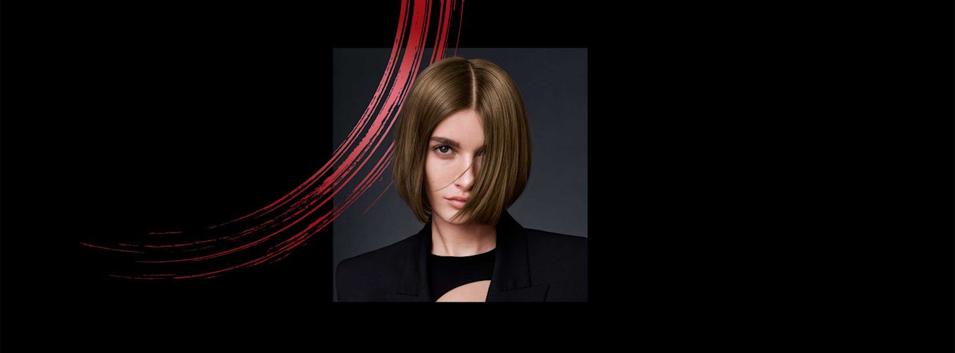 Kvinna med rakt, axellångt brunt hår och mittbena bär svart kavaj, poserar mot mörk bakgrund med röda penseldrag.