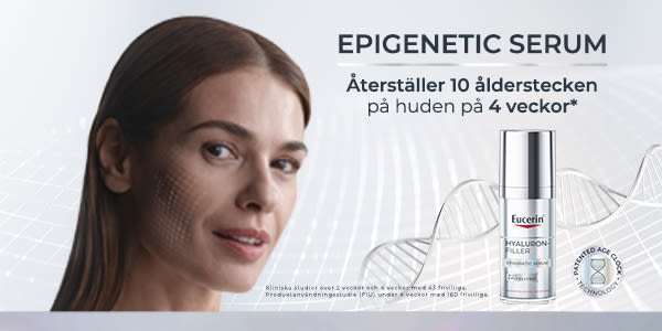 Kvinna med slät hud ler bredvid Eucerin Hyaluron-Filler Epigenetic Serum, text: "Återställer 10 ålderstecken på huden på 4 veckor".