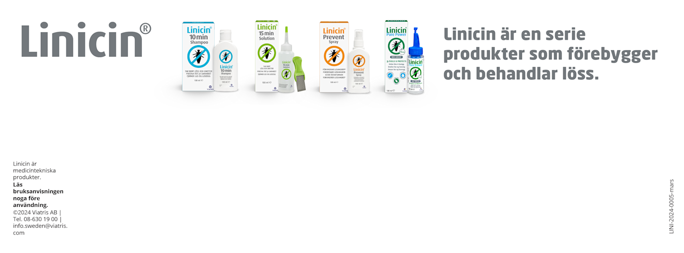 Flera Linicin-produkter mot löss står uppradade, med texten "Linicin är en serie produkter som förebygger och behandlar löss."