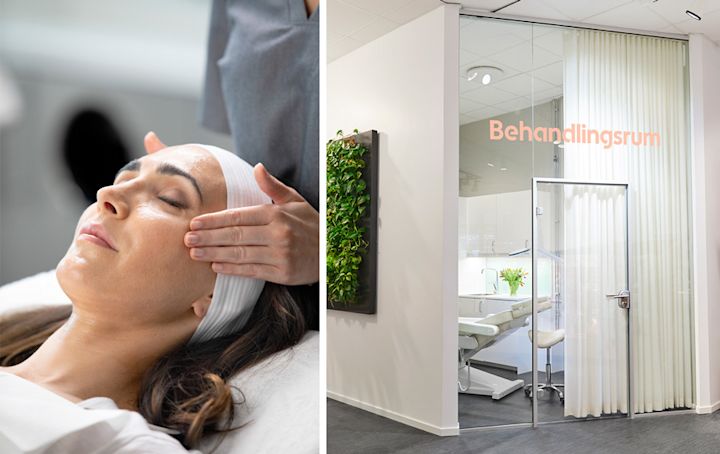 Kvinna får ansiktsbehandling av terapeut, bredvid syns ett modernt behandlingsrum med glasvägg och skylten "Behandlingsrum".