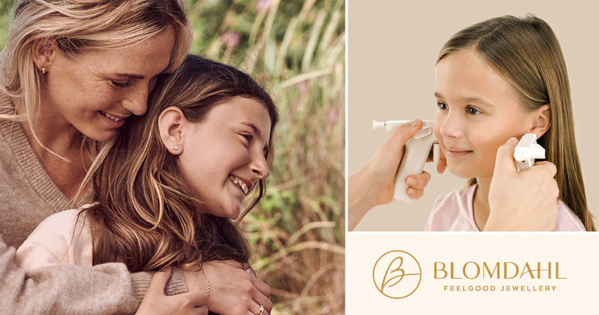 En mamma kramar sin dotter. En flicka får hjälp att ta hål i sina öron. Logotypen för Blomdahl Feelgood Jewellery syns i hörnet.