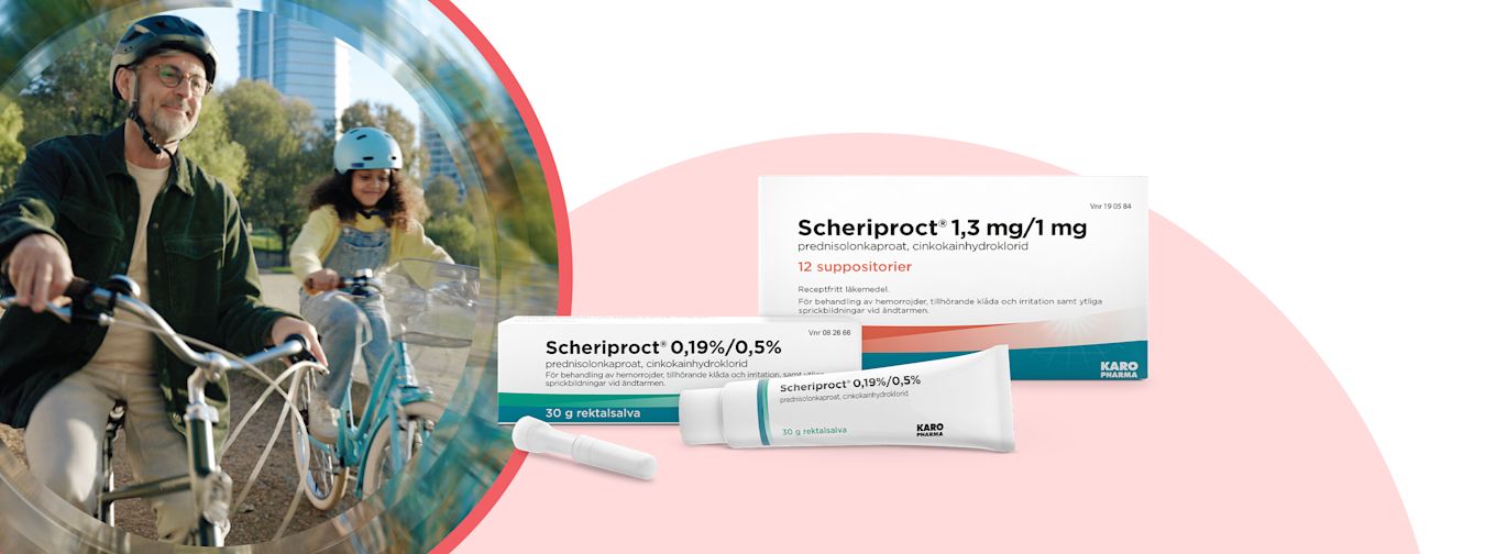 En äldre man och ett barn cyklar i en park, med Scheriproct läkemedelsförpackningar och salva i förgrunden.