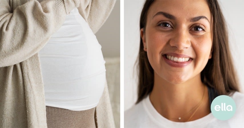 En gravid kvinna iklädd vit tröja och beige kjol och kofta. Ellas logotyp i nedre högra hörnet.