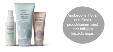 Tre Apolosophy fotvårdsprodukter står bredvid varandra, med text om hållbara förpackningar till höger.