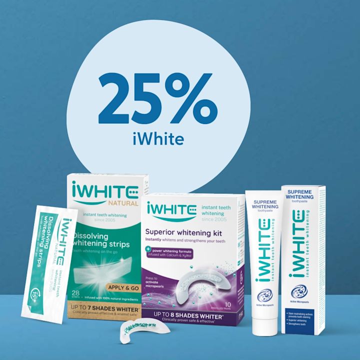 Olika iWhite produkter för tandblekning visas mot blå bakgrund med texten "25% iWhite" i stor vit cirkel bakom.