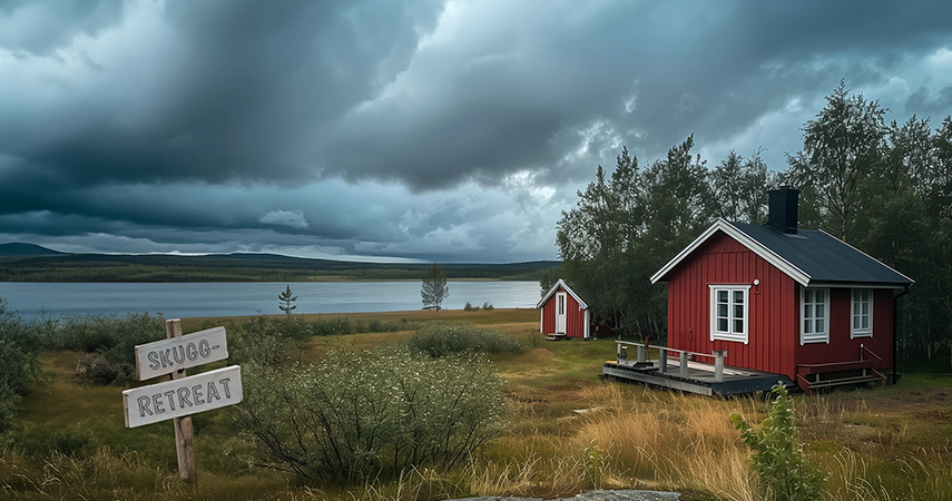 Röd stuga med veranda vid sjö, omgiven av träd och gräs, med en skylt som visar "SKUGG-RETREAT" under dramatiska moln.