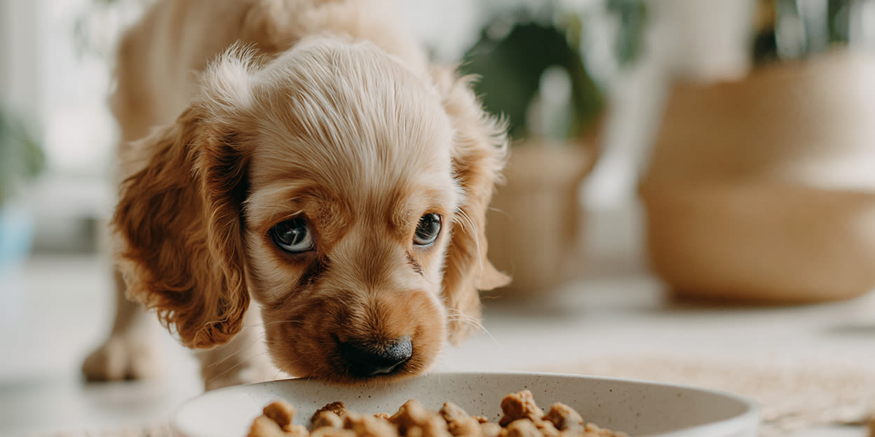 Valp äter mat. Bilden är delvis skapad med AI.