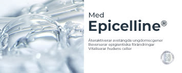 Genomskinlig gelstruktur till vänster, text till höger: "Med Epicelline® Återaktiverar avstängda ungdomsgener, Reverserar epigenetiska förändringar, Vitaliserar hudens celler."